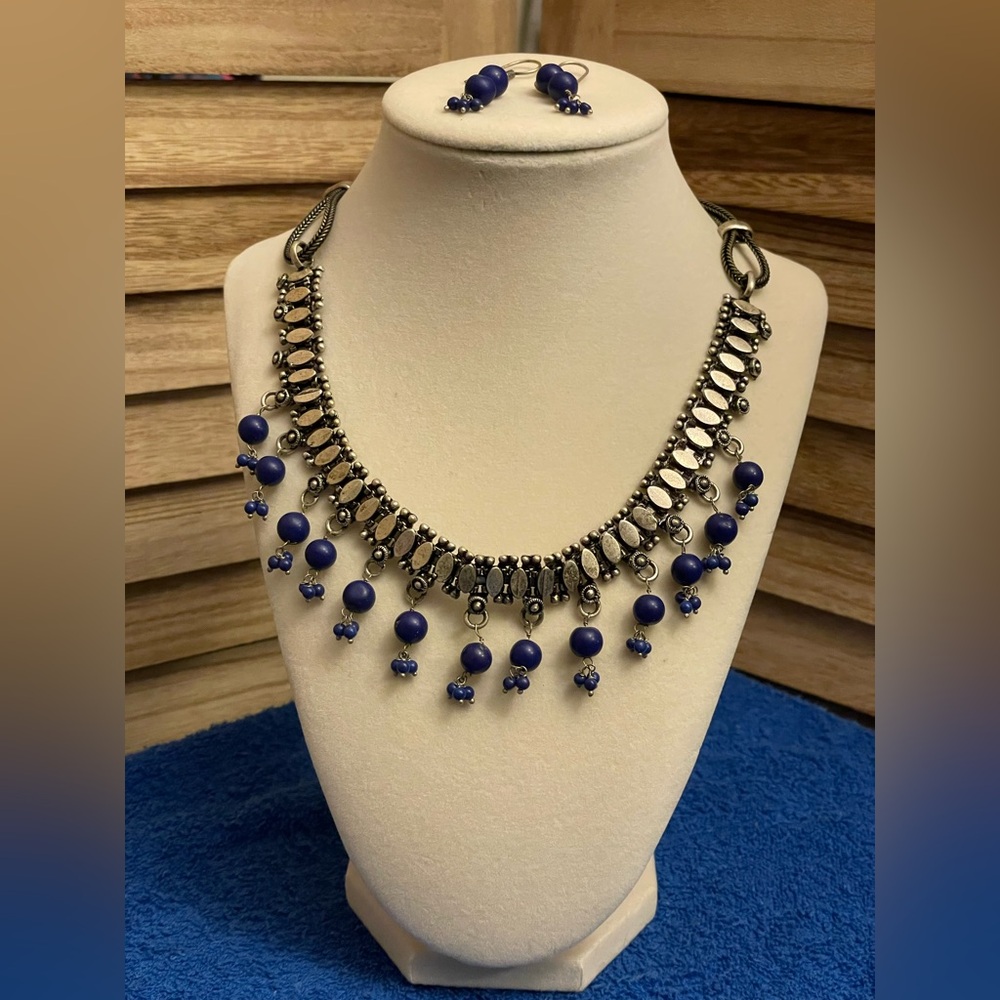 Blue Beaded Necklace and Earring Set